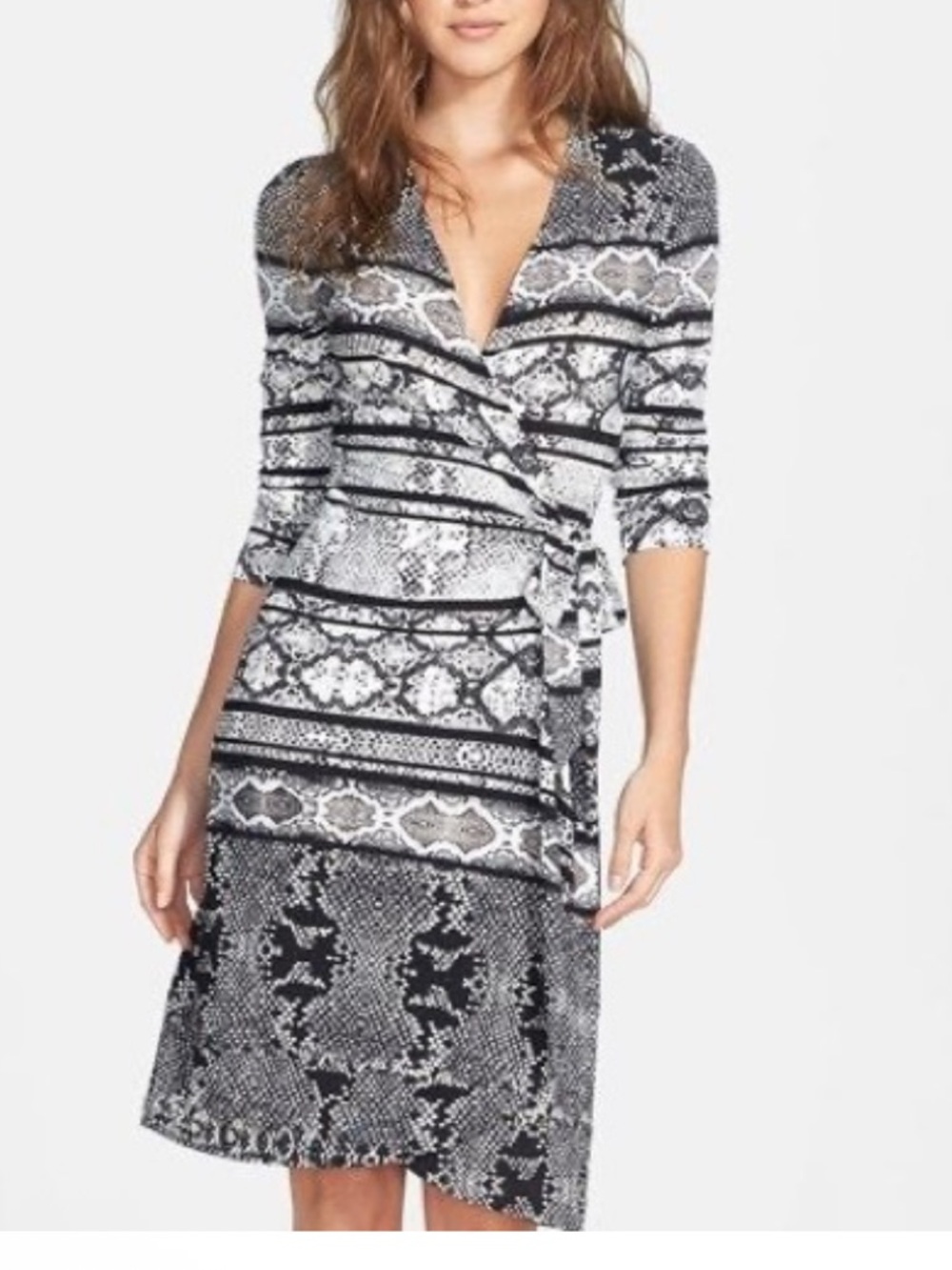 BCBGMAXAZRIA Adele Printed Wrap Dress in a black and white snake print
